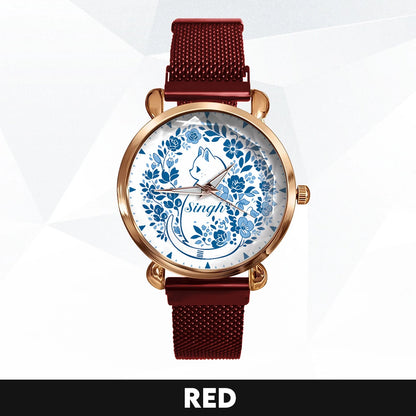 SINGH 13K1-475 Blue Floral Cat Mesh Watch