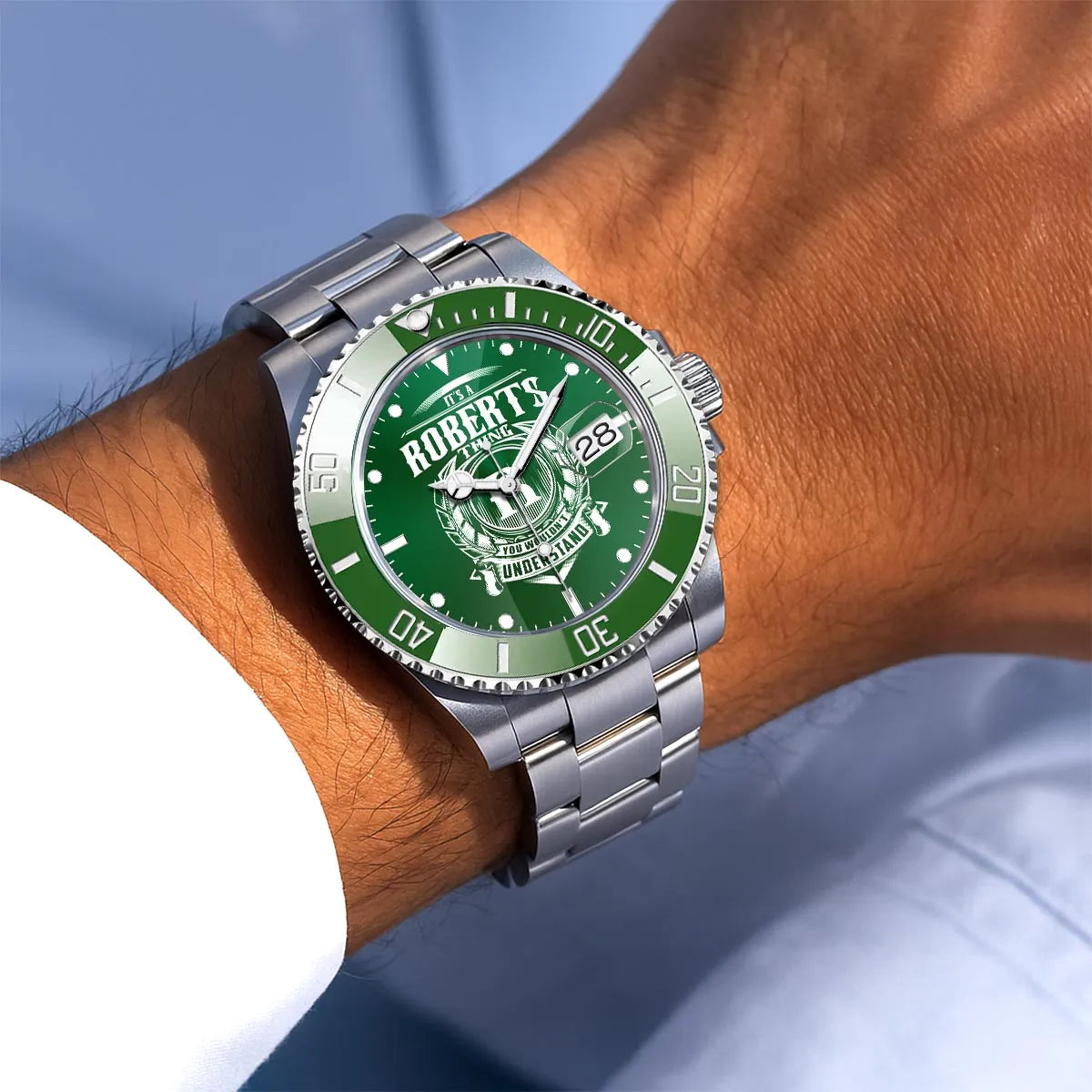 ROBERTS 13K1-440 Personalized Green Submariner Watch, Premium Gift for Anniversary