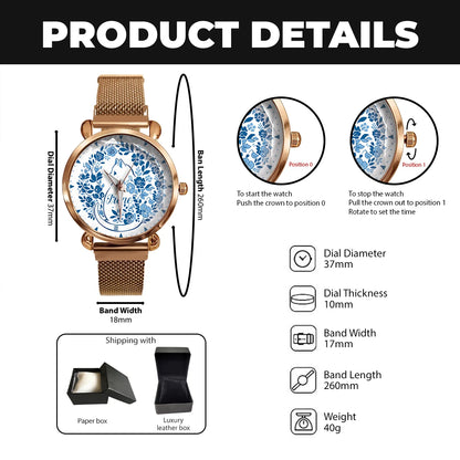 IRENE 13K1-475 Blue Floral Cat Mesh Watch