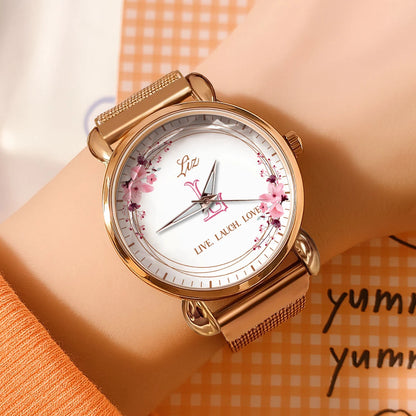 Live Laugh Love Flower Wreath Rose Golden Watch LIZ M1-W10