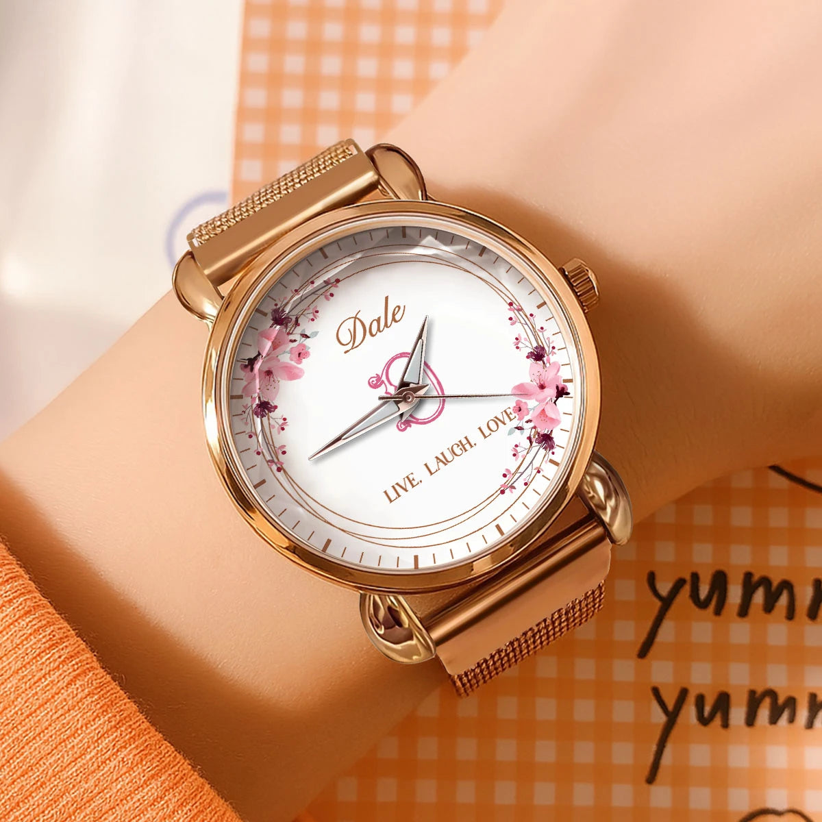 Live Laugh Love Flower Wreath Rose Golden Watch DALE M1-W10