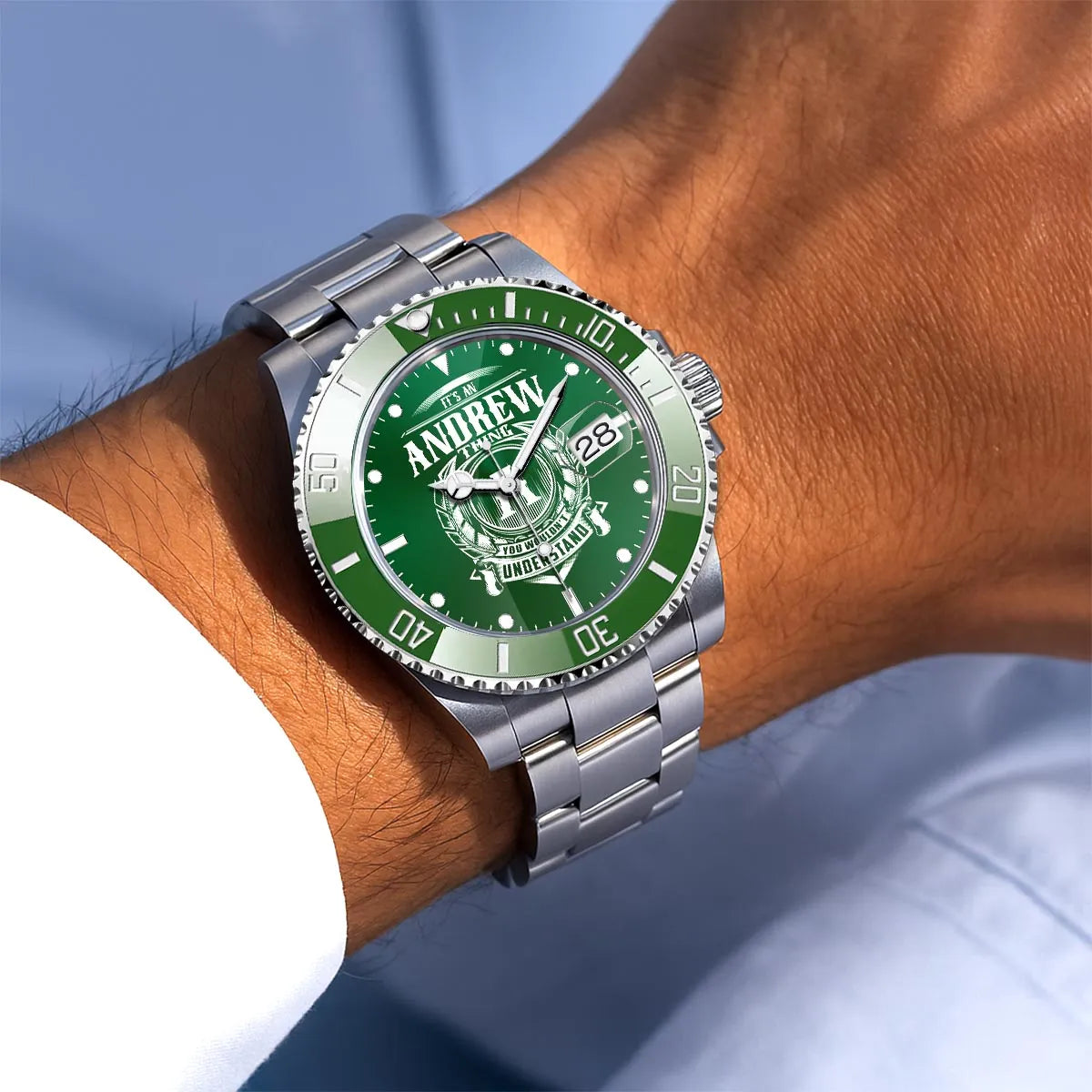 ANDREW 13K1-440 Personalized Green Submariner Watch, Premium Gift for Anniversary