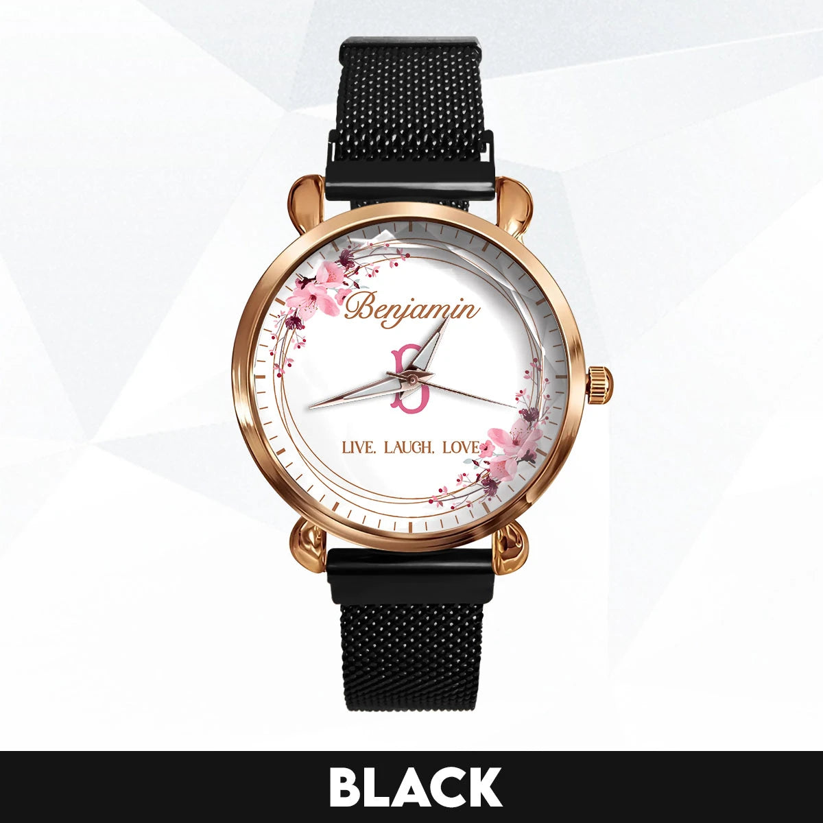 Live Laugh Love Flower Wreath Rose Golden Watch BENJAMIN M1-W10