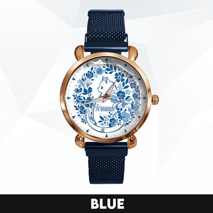 FERNANDO 13K1-475 Blue Floral Cat Mesh Watch