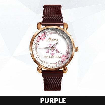 Live Laugh Love Flower Wreath Rose Golden Watch MARCO M1-W10