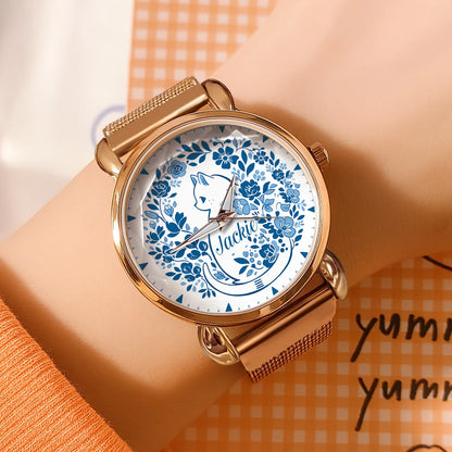 JACKIE 13K1-475 Blue Floral Cat Mesh Watch