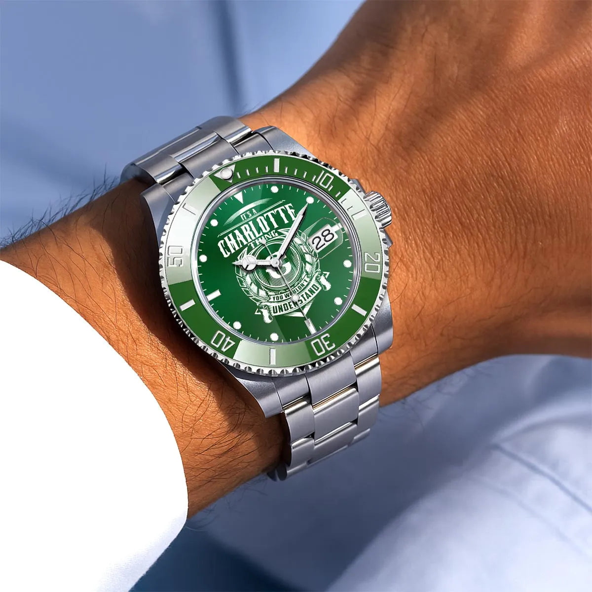 CHARLOTTE 13K1-440 Personalized Green Submariner Watch, Premium Gift for Anniversary