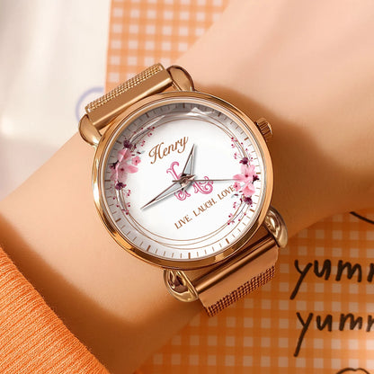 Live Laugh Love Flower Wreath Rose Golden Watch HENRY M1-W10