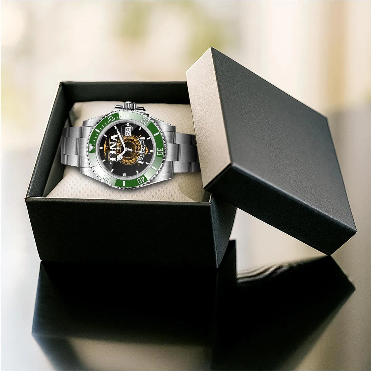 TINA 13K1-439 Personalized Green Submariner Watch, Premium Gift for Anniversary