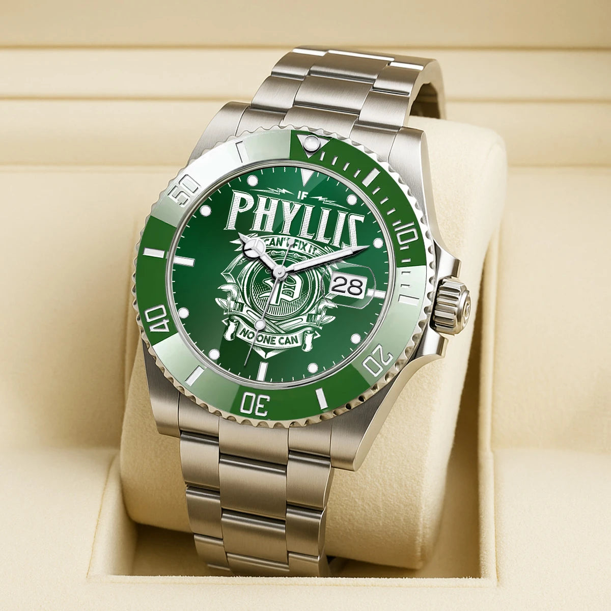 PHYLLIS 13K2-448 Personalized Green Watch “If ... Can’t Fix It No One Can”