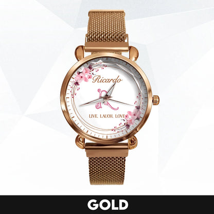 Live Laugh Love Flower Wreath Rose Golden Watch RICARDO M1-W10