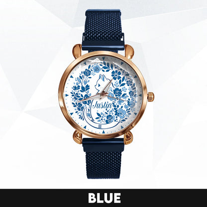 JUSTIN 13K1-475 Blue Floral Cat Mesh Watch
