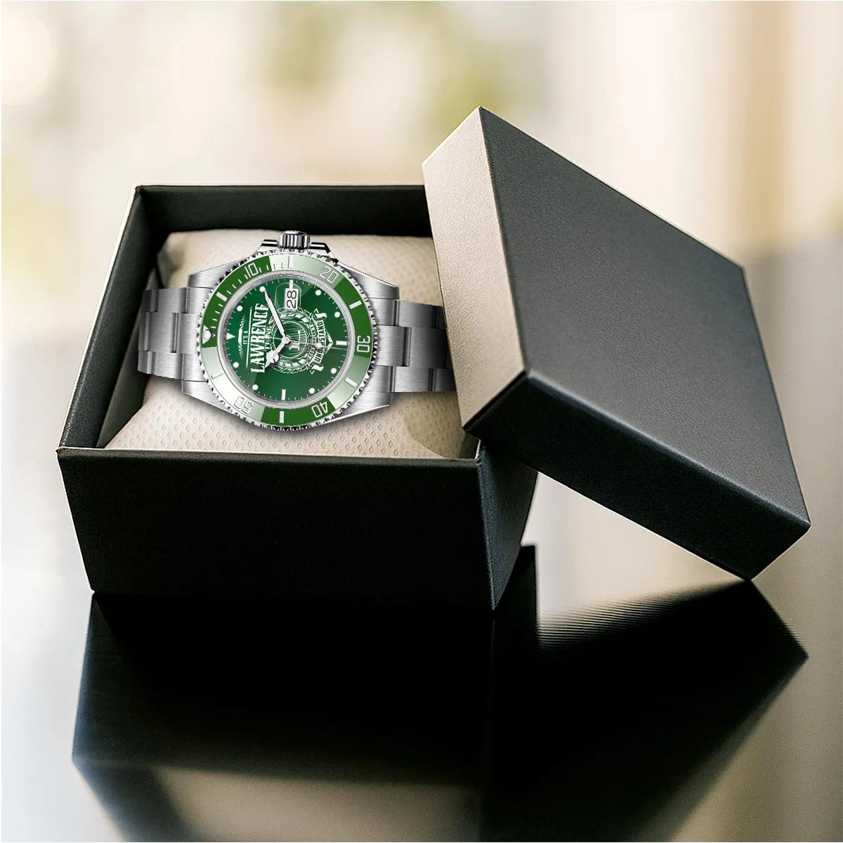 LAWRENCE 13K1-440 Personalized Green Submariner Watch, Premium Gift for Anniversary