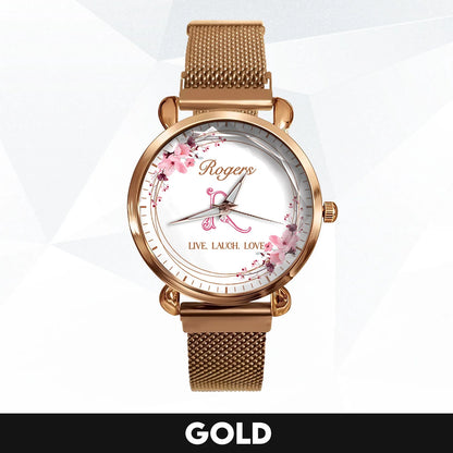 Live Laugh Love Flower Wreath Rose Golden Watch ROGERS M1-W10