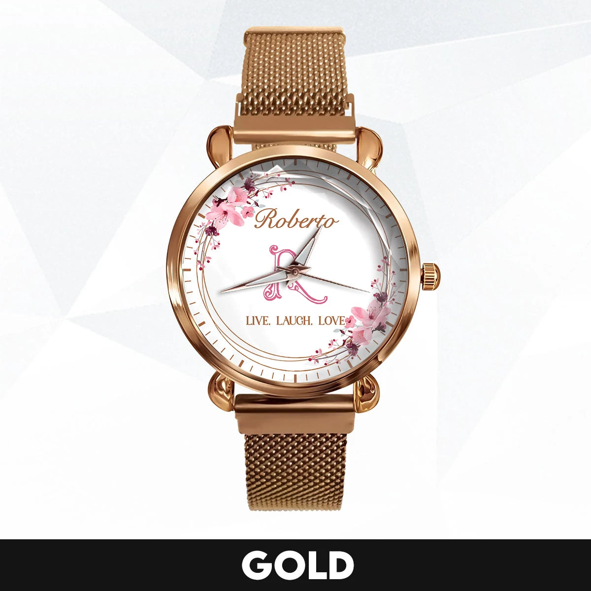 Live Laugh Love Flower Wreath Rose Golden Watch ROBERTO M1-W10