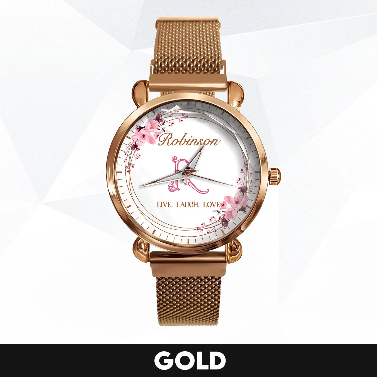 Live Laugh Love Flower Wreath Rose Golden Watch ROBINSON M1-W10