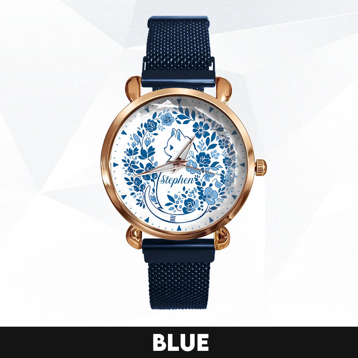 STEPHEN 13K1-475 Blue Floral Cat Mesh Watch