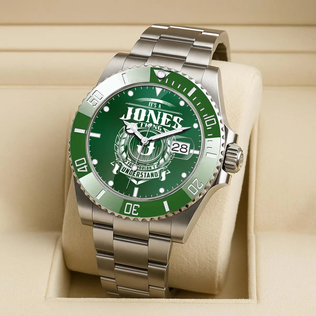 JONES 13K1-440 Personalized Green Submariner Watch, Premium Gift for Anniversary
