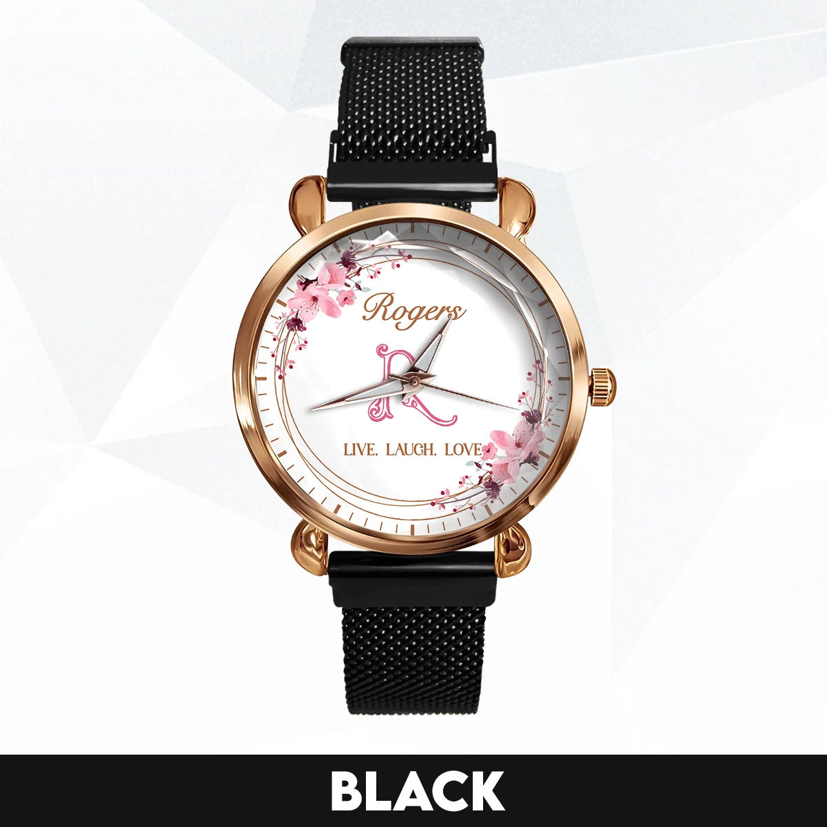 Live Laugh Love Flower Wreath Rose Golden Watch ROGERS M1-W10
