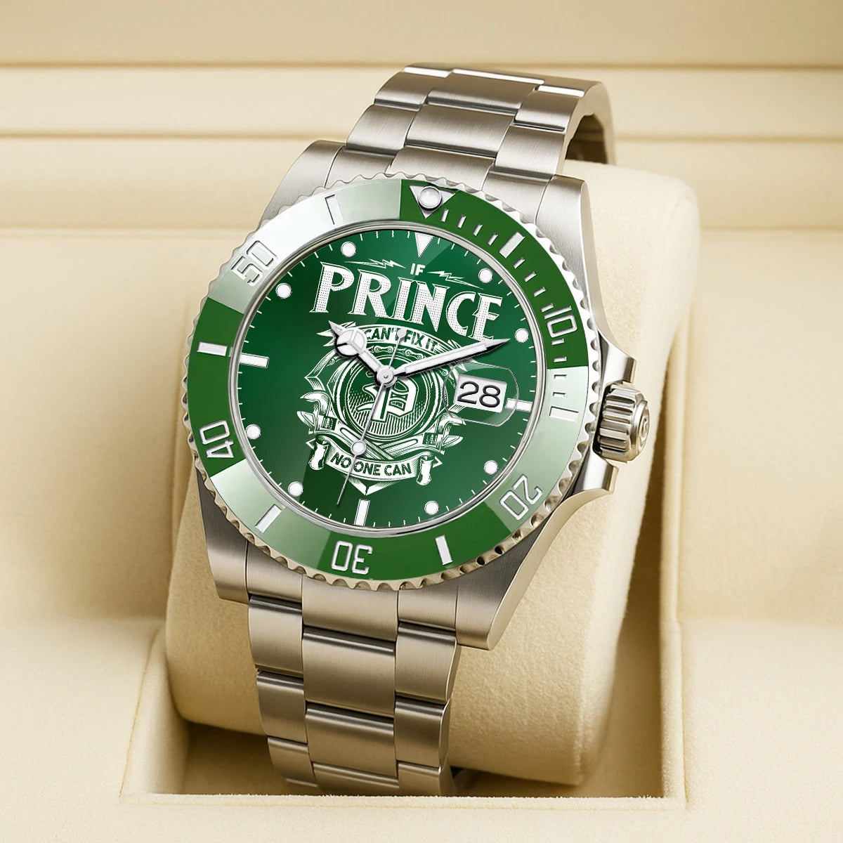 PRINCE 13K2-448 Personalized Green Watch “If ... Can’t Fix It No One Can”