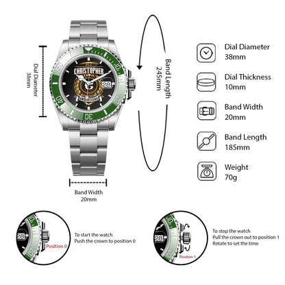 CHRISTOPHER 13K1-439 Personalized Green Submariner Watch, Premium Gift for Anniversary