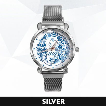 BILL 13K1-475 Blue Floral Cat Mesh Watch
