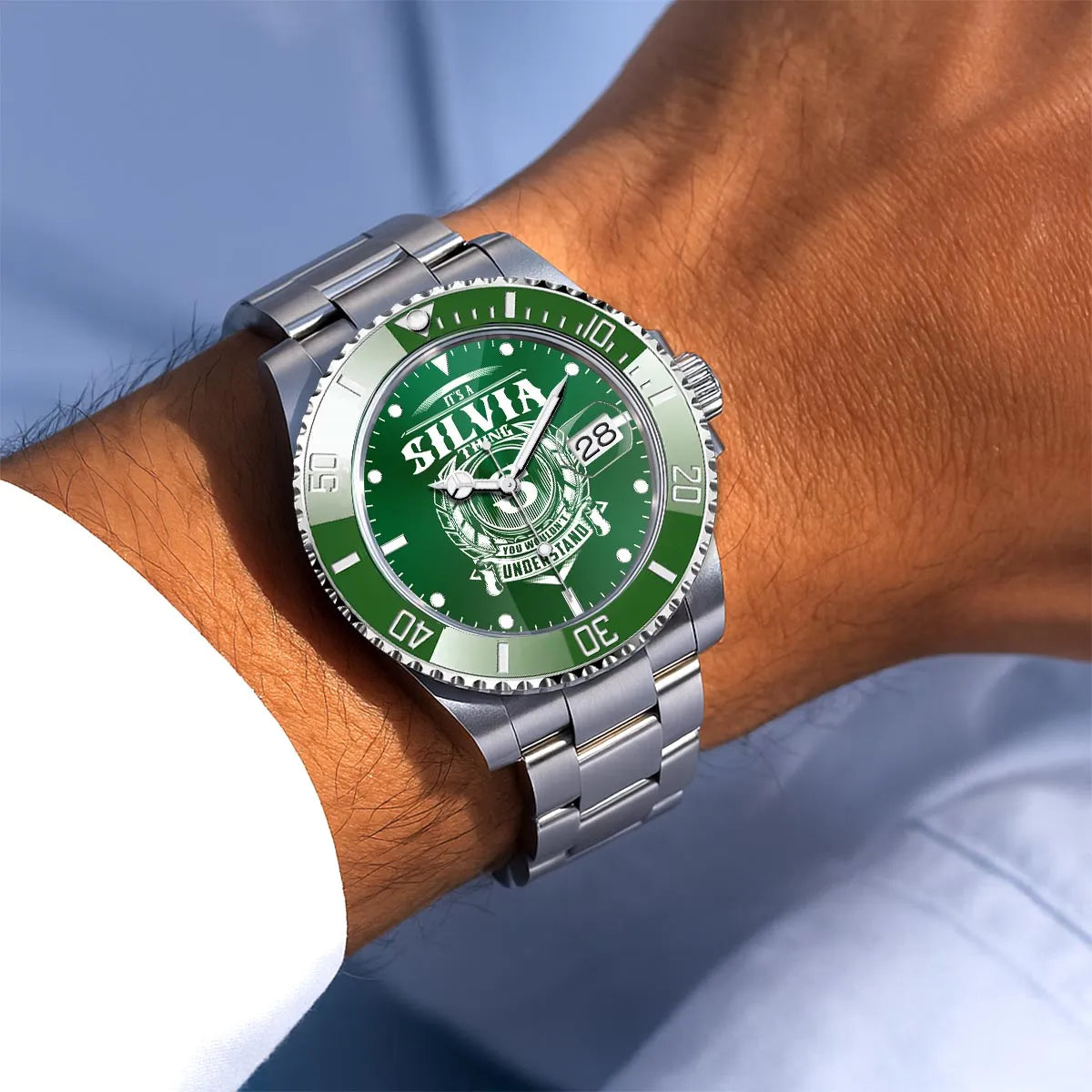 SILVIA 13K1-440 Personalized Green Submariner Watch, Premium Gift for Anniversary