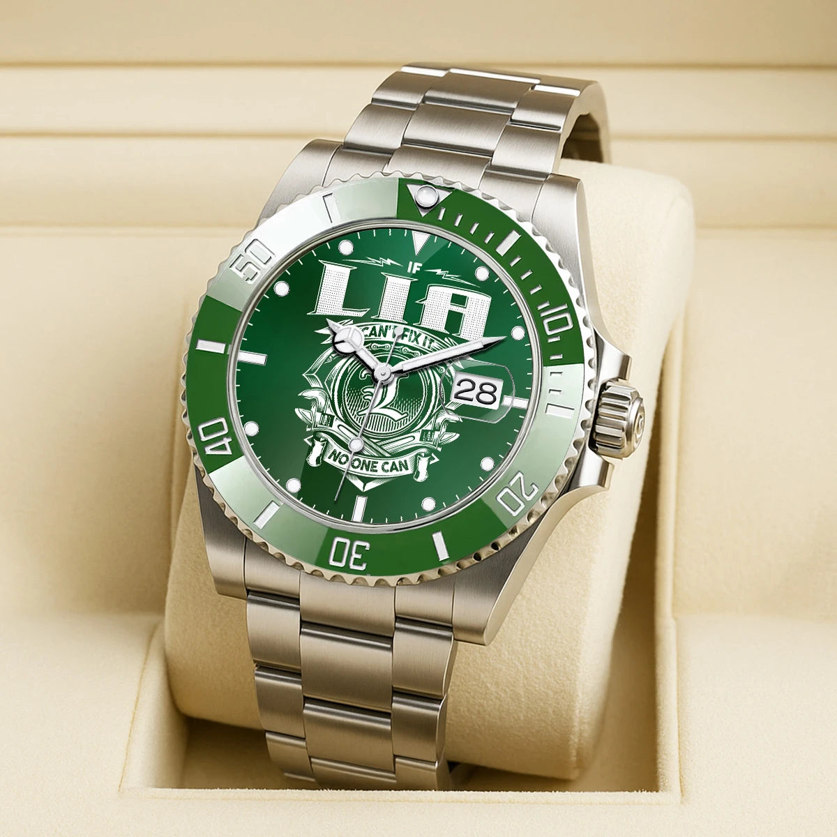 LIA 13K2-448 Personalized Green Watch “If ... Can’t Fix It No One Can”