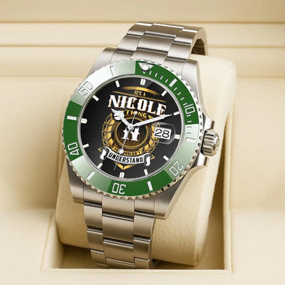 NICOLE 13K1-439 Personalized Green Submariner Watch, Premium Gift for Anniversary