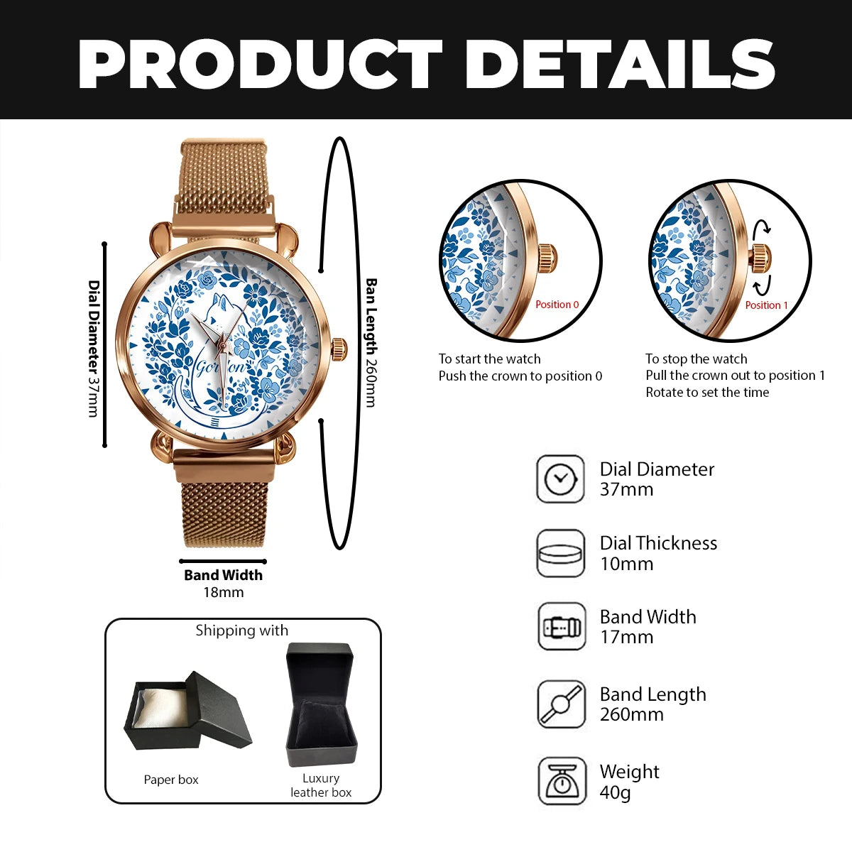 GORDON 13K1-475 Blue Floral Cat Mesh Watch