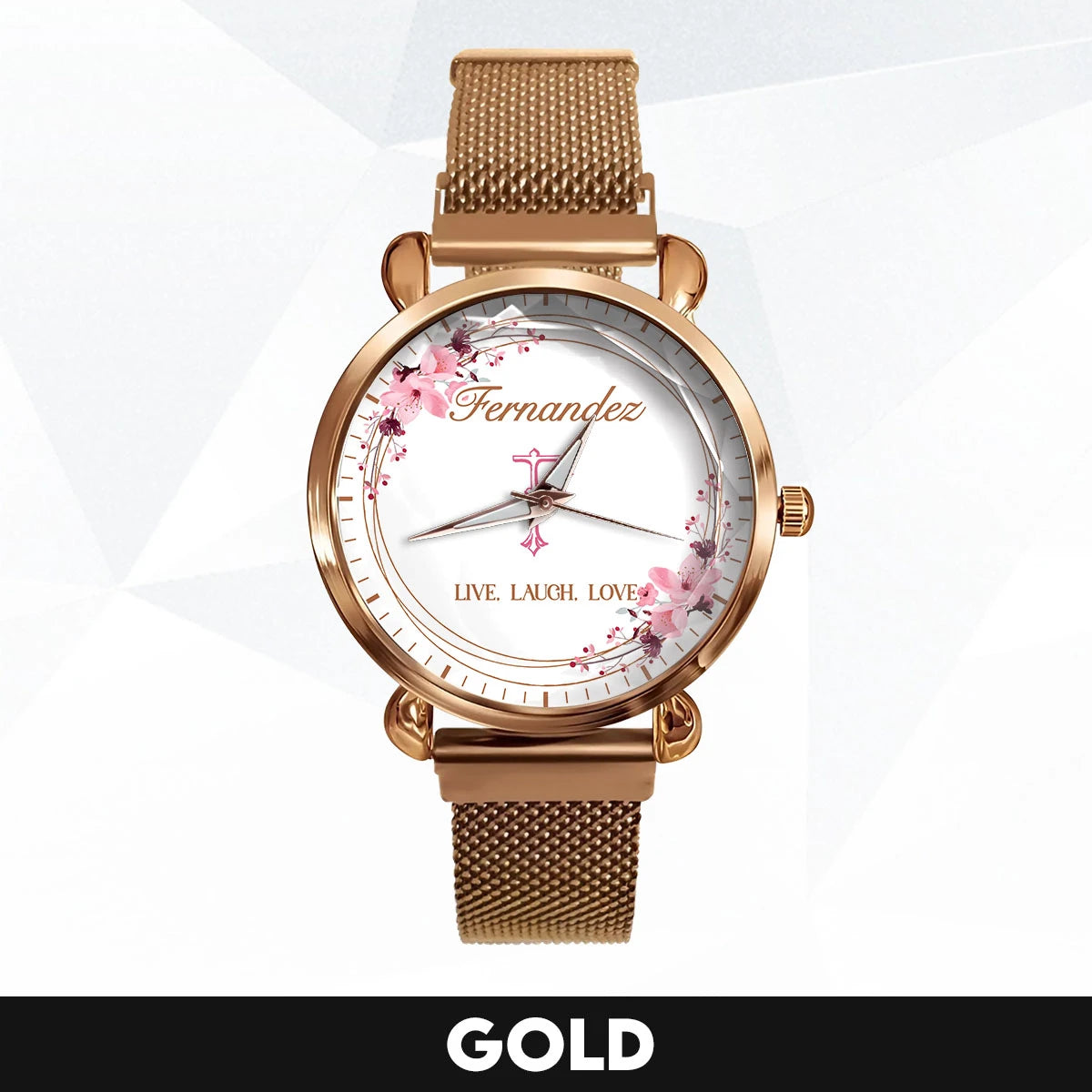 Live Laugh Love Flower Wreath Rose Golden Watch FERNANDEZ M1-W10