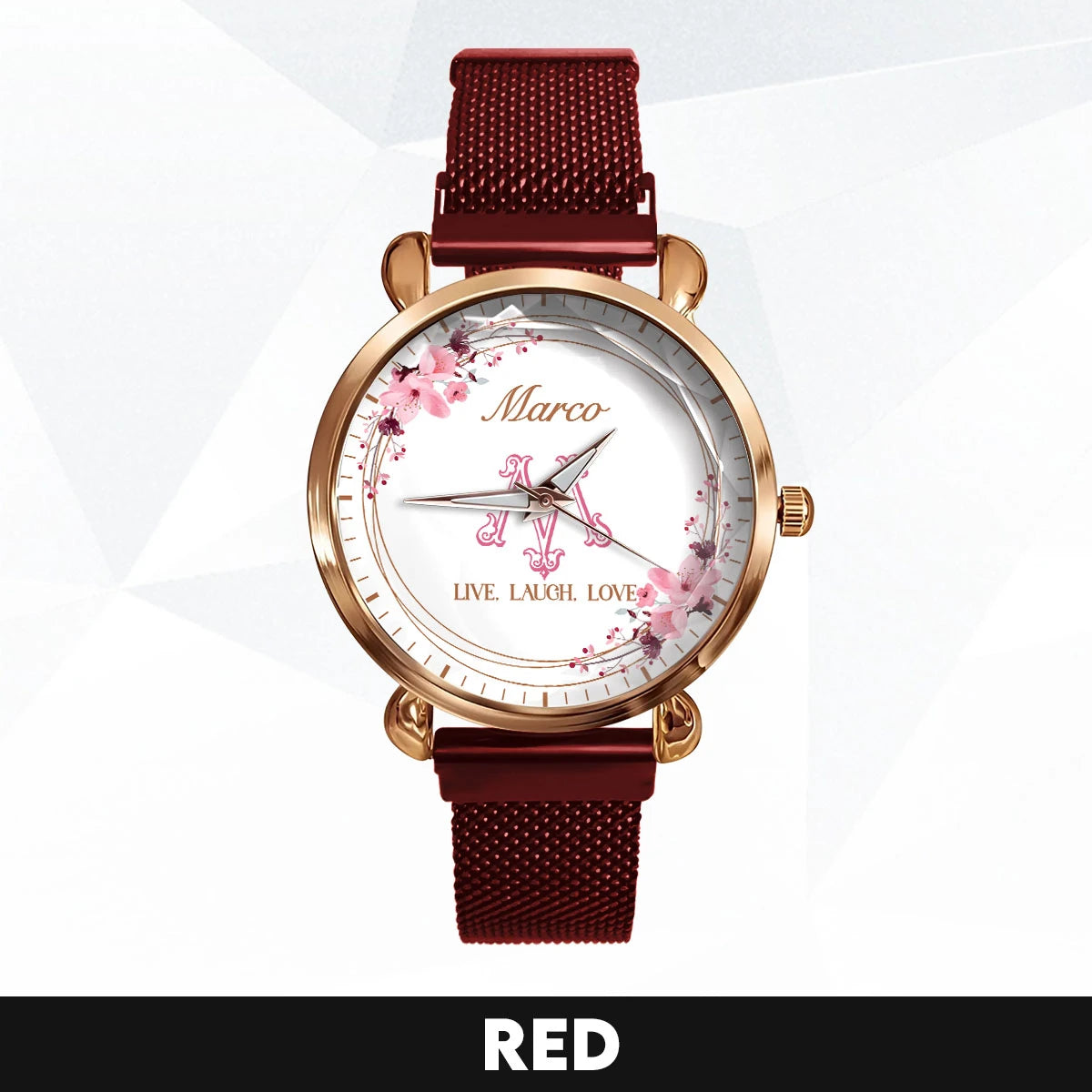 Live Laugh Love Flower Wreath Rose Golden Watch MARCO M1-W10