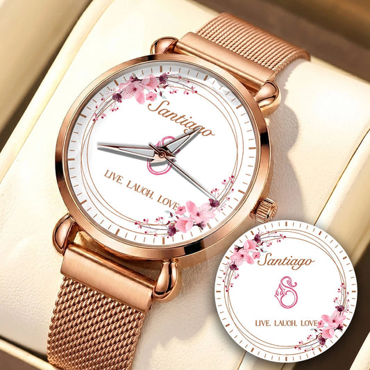 Live Laugh Love Flower Wreath Rose Golden Watch SANTIAGO M1-W10