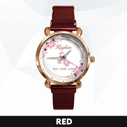 Live Laugh Love Flower Wreath Rose Golden Watch HUGHES M1-W10
