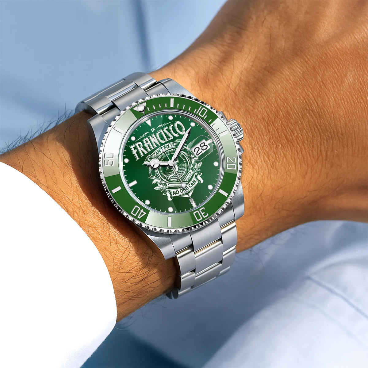 FRANCISCO 13K1-448 Personalized Green Watch “If ... Can’t Fix It No One Can”