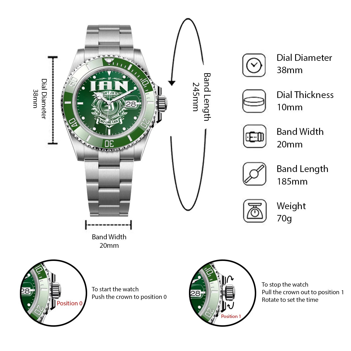 IAN 13K1-448 Personalized Green Watch “If ... Can’t Fix It No One Can”