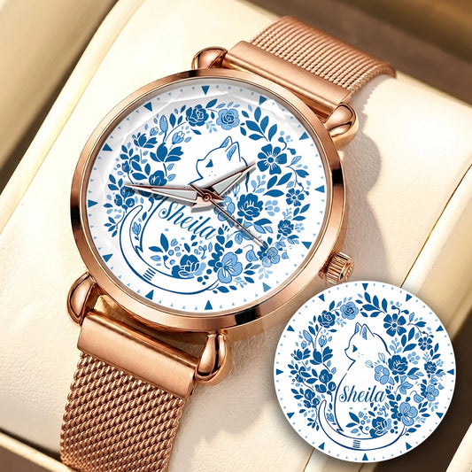 SHEILA 13K1-475 Blue Floral Cat Mesh Watch