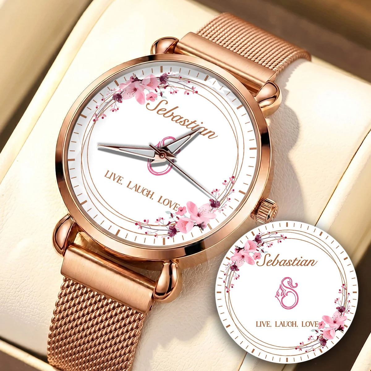 Live Laugh Love Flower Wreath Rose Golden Watch SEBASTIAN M1-W10