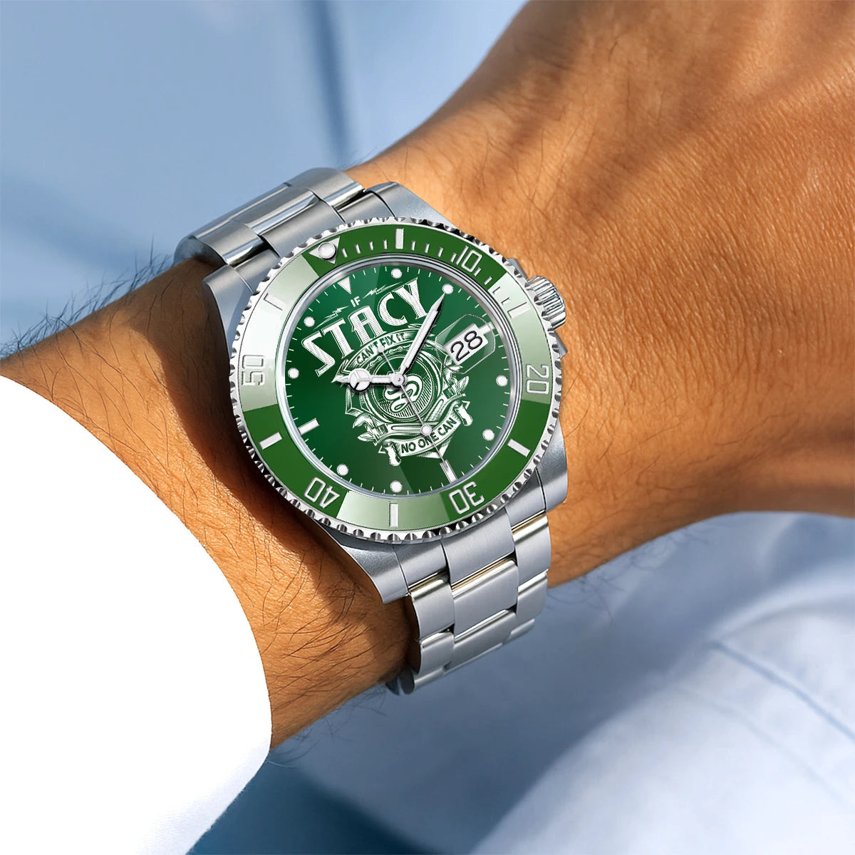 STACY 13K2-448 Personalized Green Watch “If ... Can’t Fix It No One Can”