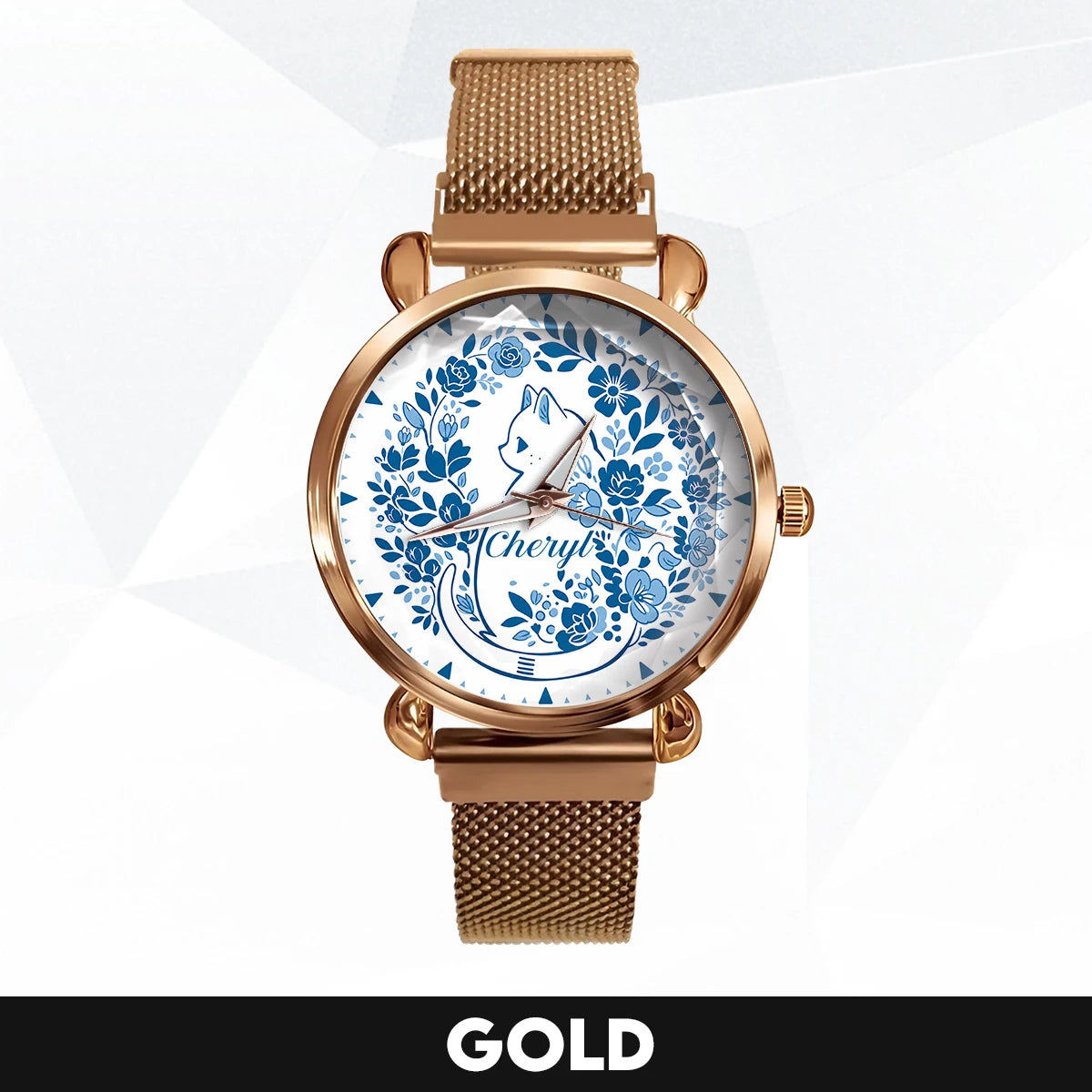 CHERYL 13K1-475 Blue Floral Cat Mesh Watch