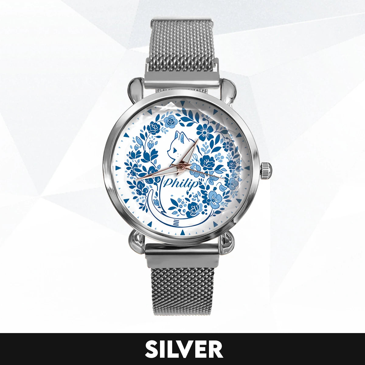 PHILIP 13K1-475 Blue Floral Cat Mesh Watch