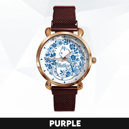 MATTHEW 13K1-475 Blue Floral Cat Mesh Watch