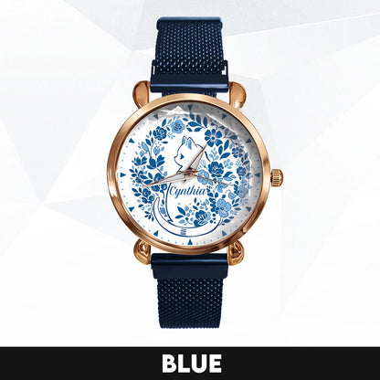 CYNTHIA 13K1-475 Blue Floral Cat Mesh Watch