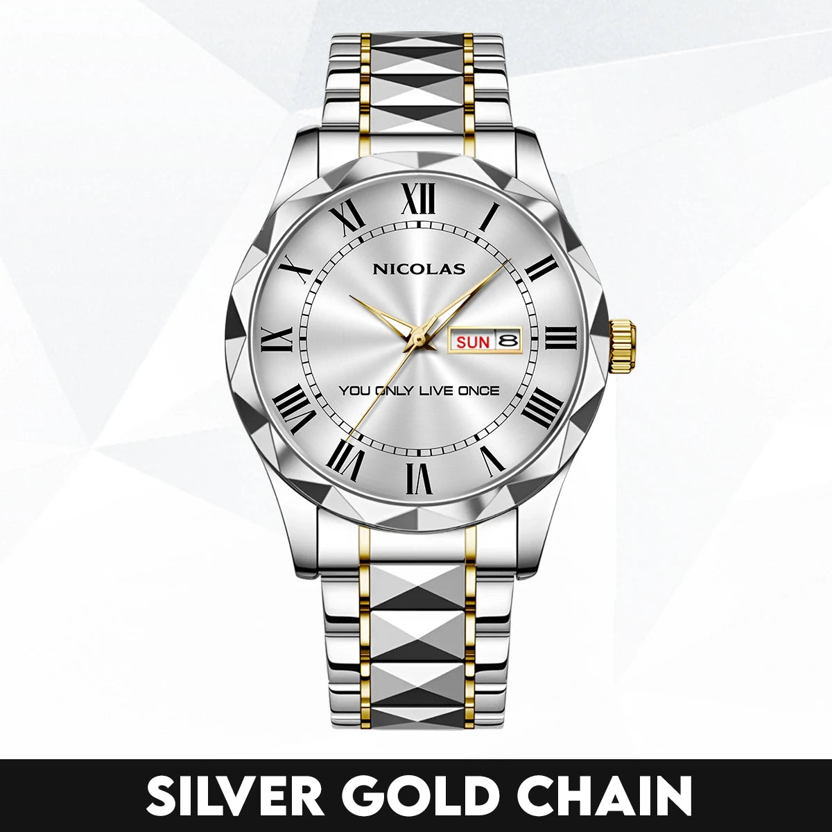 You Only Live Once Roman Numeral Silver Watch NICOLAS M1-W31