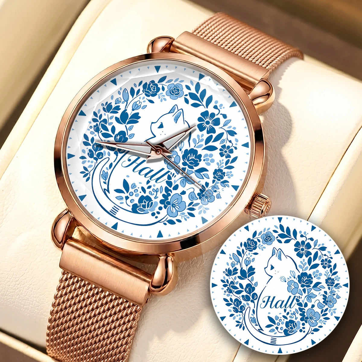 HALL 13K1-475 Blue Floral Cat Mesh Watch