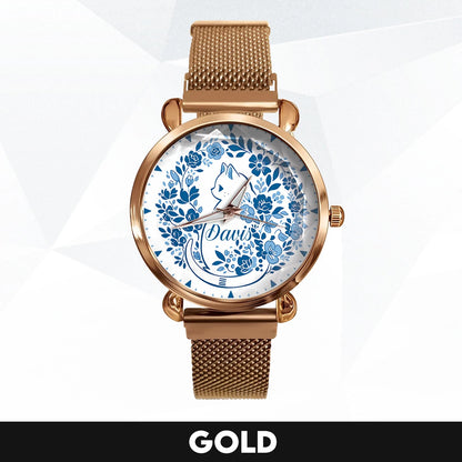 DAVIS 13K1-475 Blue Floral Cat Mesh Watch