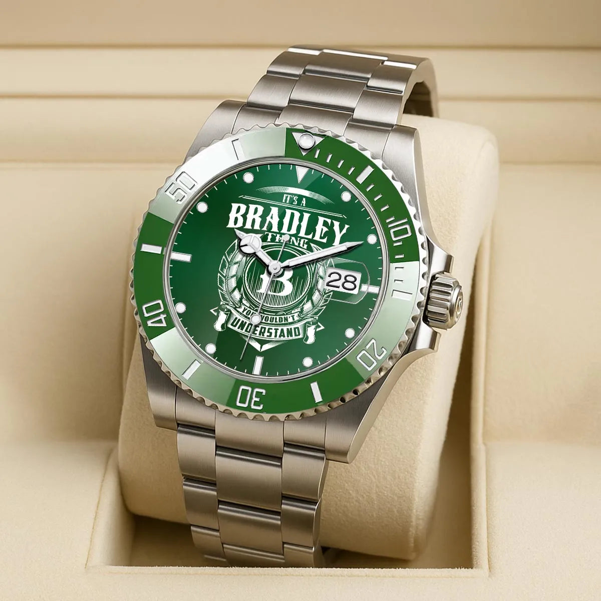 BRADLEY 13K1-440 Personalized Green Submariner Watch, Premium Gift for Anniversary