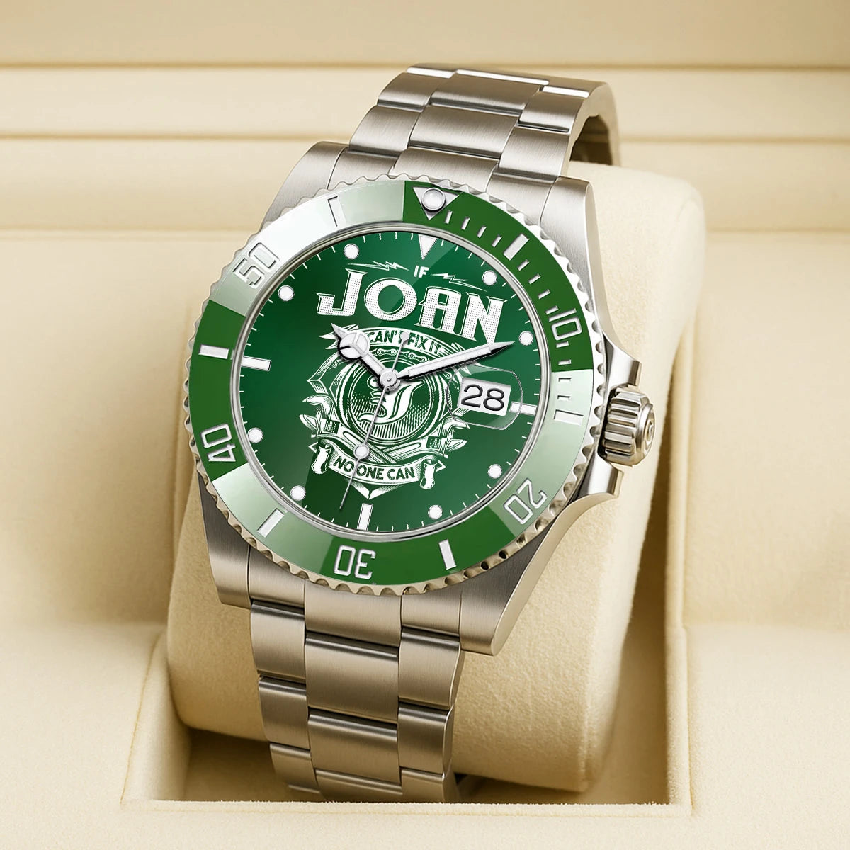 JOAN 13K1-448 Personalized Green Watch “If ... Can’t Fix It No One Can”