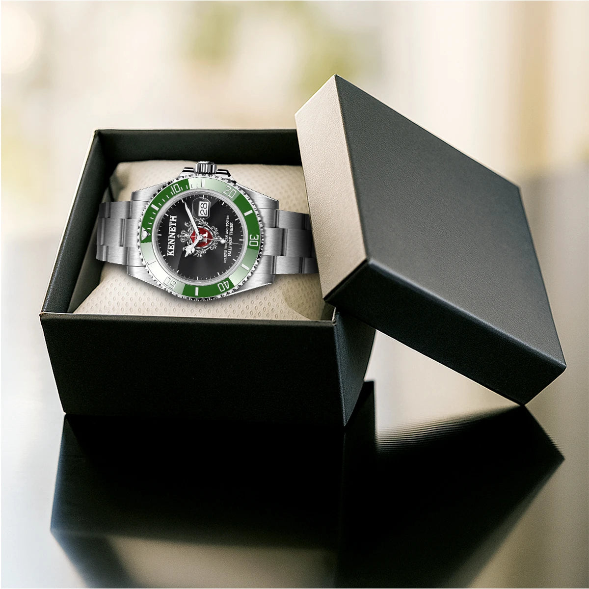 Believe You Can and You're Halfway There Silver & Green Watch KENNETH M1-W29