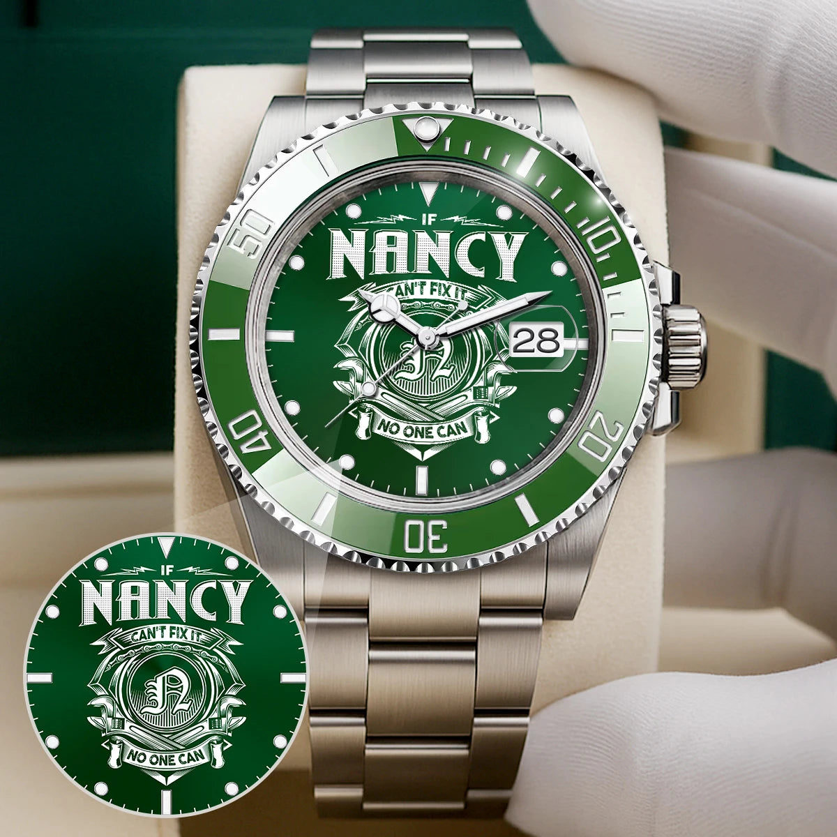 NANCY 13K1-448 Personalized Green Watch “If ... Can’t Fix It No One Can”